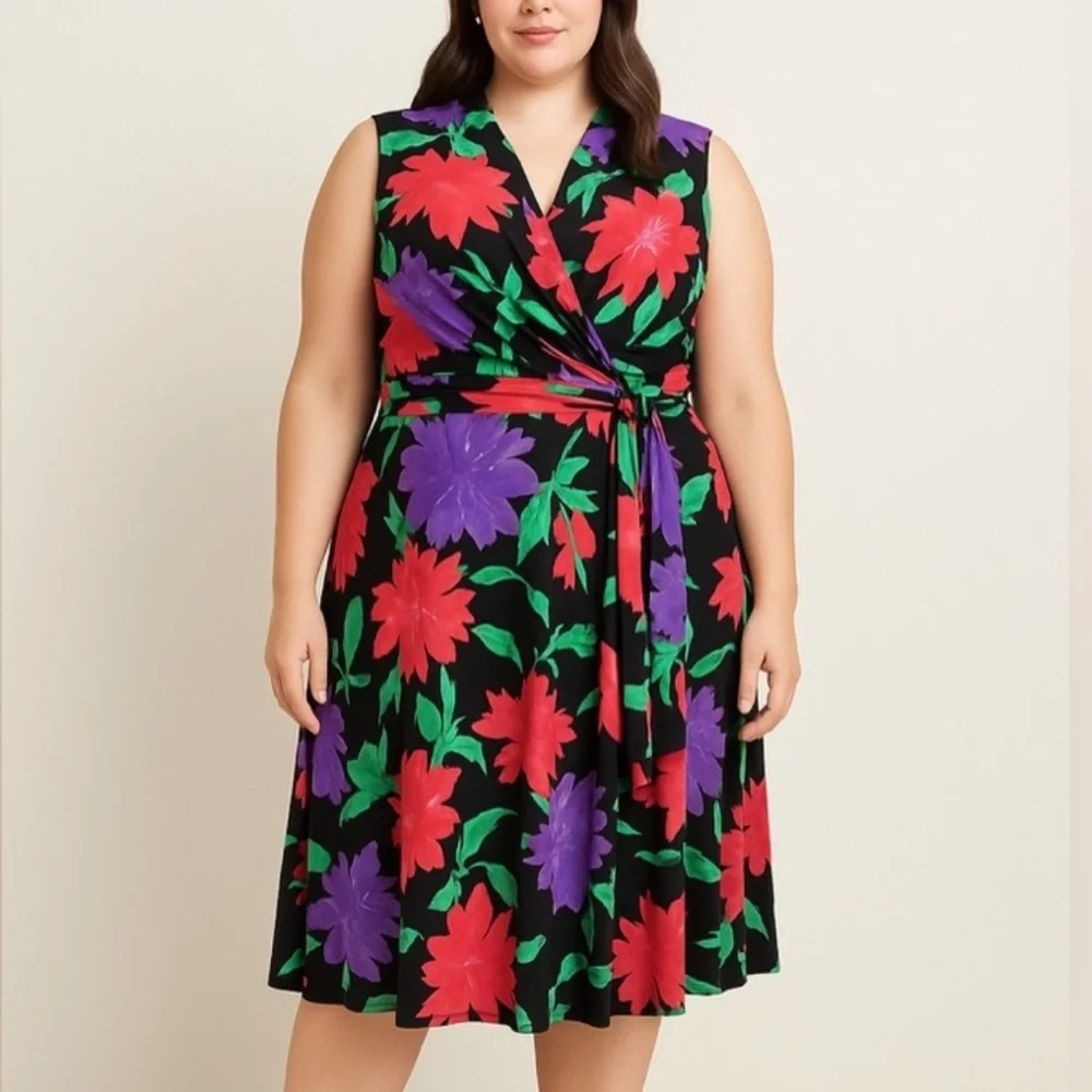 LAUREN Ralph Lauren Sleeveless Dress 1X Faux Wrap Dark Floral Work Wedding - Picture 14 of 14